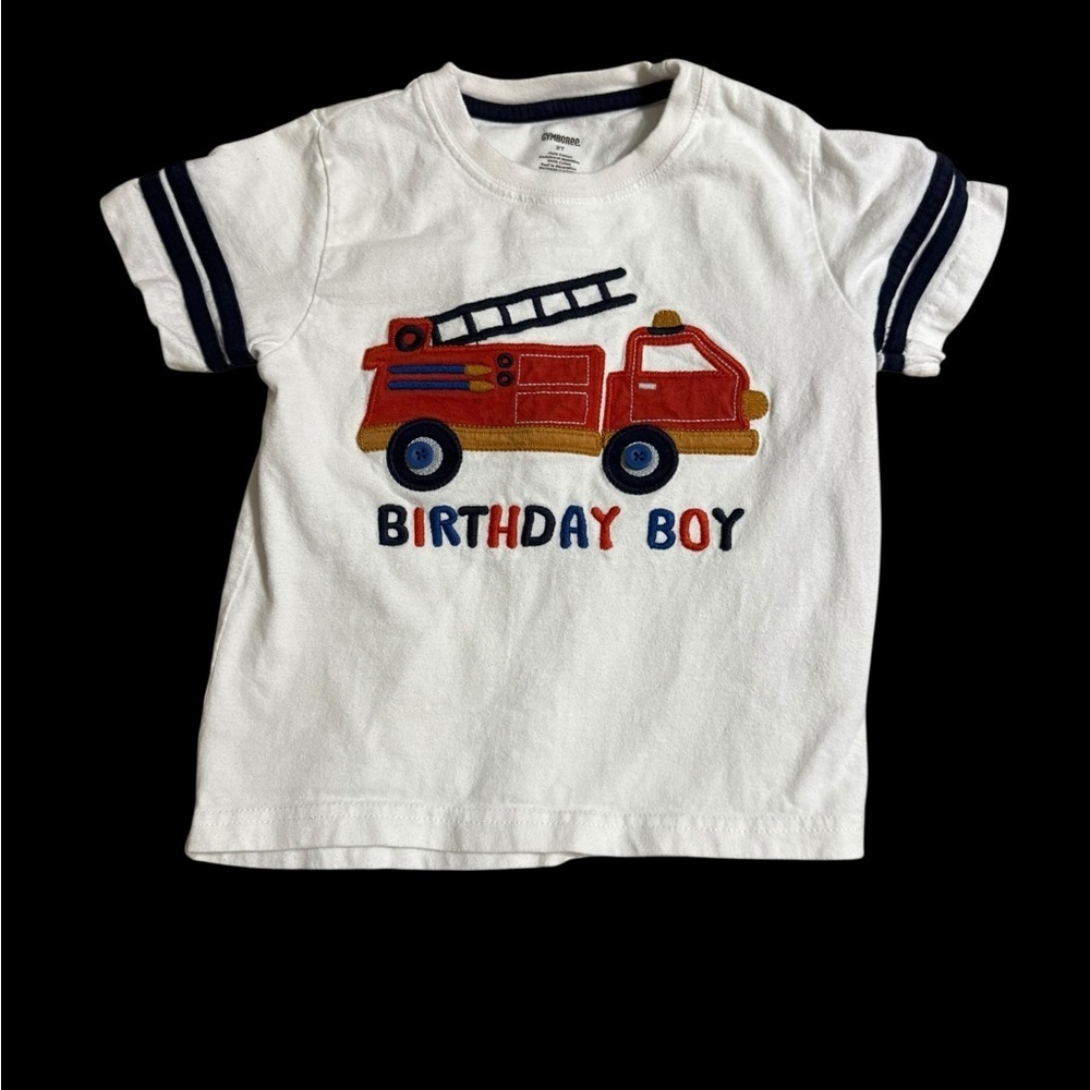 Fire truck Birthday Boy shirt. “Button wheels” 2T